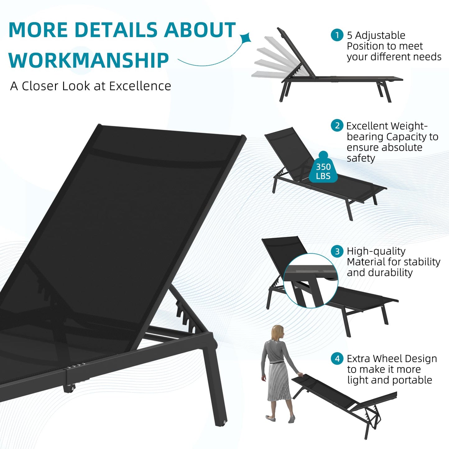 AECOJOY Patio Lounge Chairs for Outside, Adjustable Outdoor Chaise Lounge with Wheels and Adjustable 5-Position Recliner for Pool, Beach, Backyard, Deck, Lawn, Black, 4PCS
