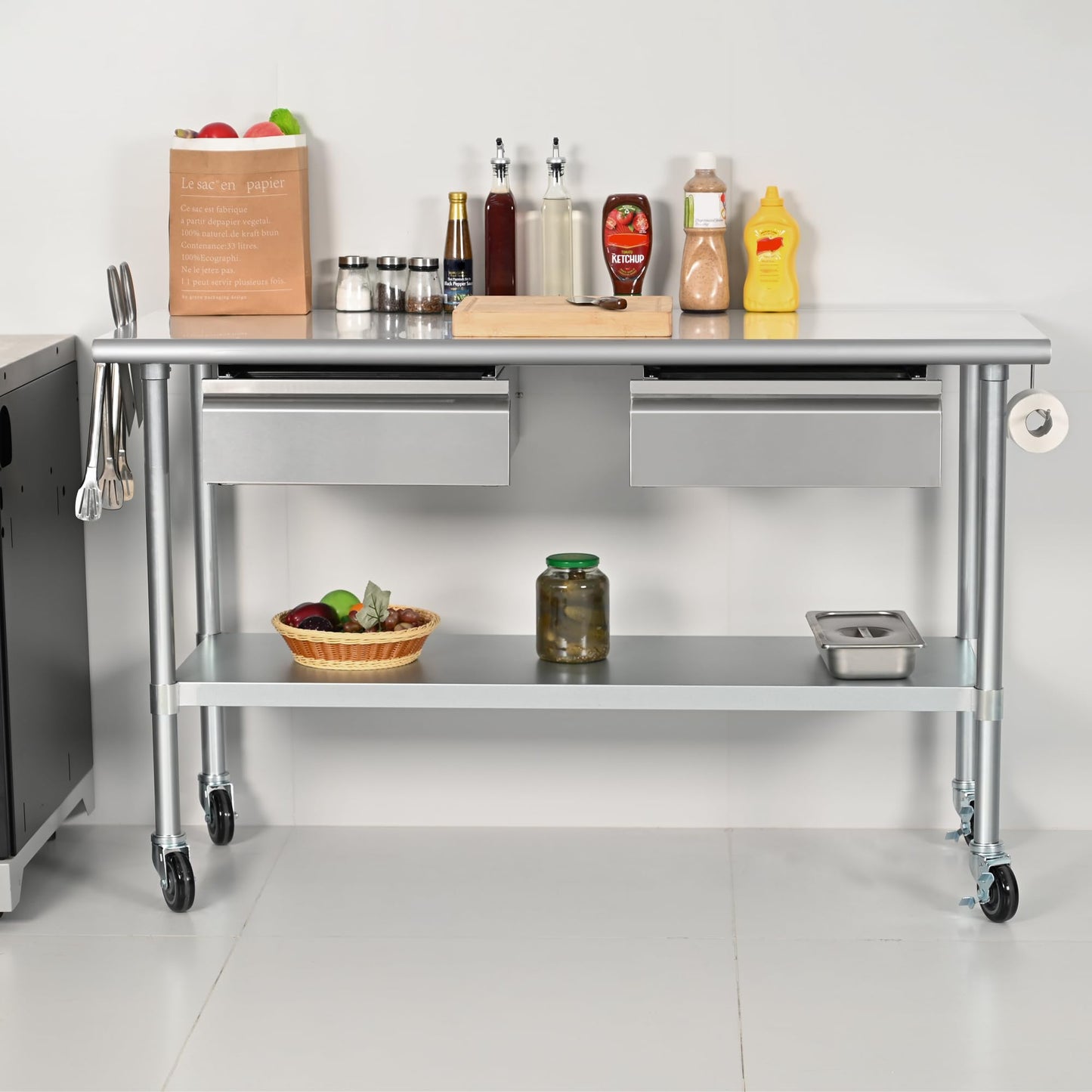 HARDURA Stainless Steel Table with 2 Drawers & Casters, Metel Prep Table with Hook, Tissue Holder and Undershelf 24x60 Inches for Commercial Kitchen Prep