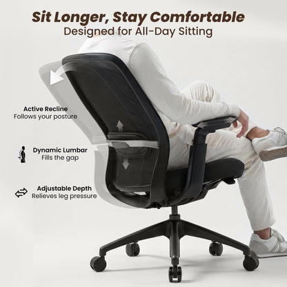 COLAMY Aether Executive Office Chair for Long Hours, One-Touch Easy Adjust Managerial Desk Chair with Levitating Seat Cushion & Pilot-Level Sync Armrests, 300 LBS Mid Back Mesh Computer Chair,Black