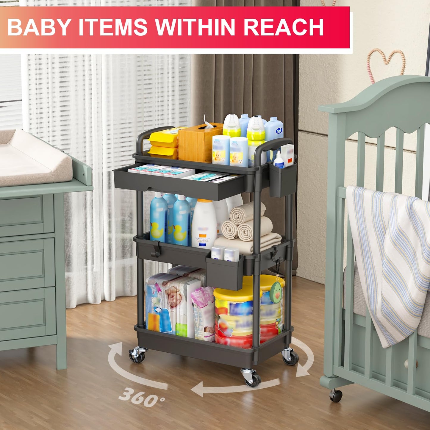 Goovilla 3 Tier Rolling Utility Cart Organizer with Removable Drawer, Stable and Sturdy Black Rolling Storage Carts with 2 Lockable Wheels for Bathroom, Kitchen, Snack, Craft, Makeup, Baby Essentials
