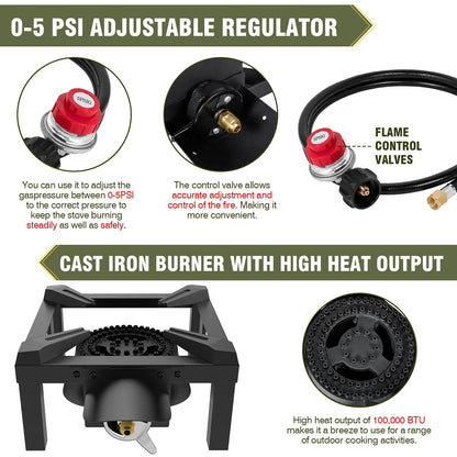 BESTFIRE Propane Burner, 100,000 BTUs High Pressure Single Propane Stove - Heat Shield and Guard, 4.1ft Adjustable Hose with Regulator, Gas Stove for Outdoor Cooking, Turkey Fry, Seafood Boil