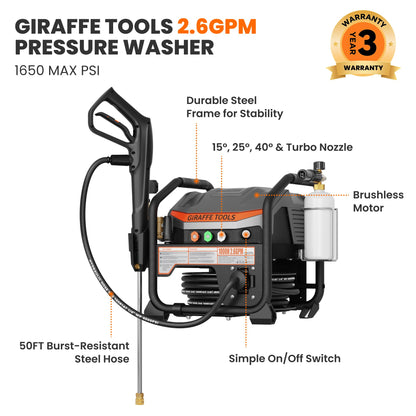 Giraffe Tools Crossfalls Retractable Pressure Washer Ultra, Max 2.6GPM 1650PSI with Brushless Motor, Wall Mount Electric Power Washer with 50ft Pressure Hoses, 4-Nozzle, Foam Cannon, Automatic Rewind