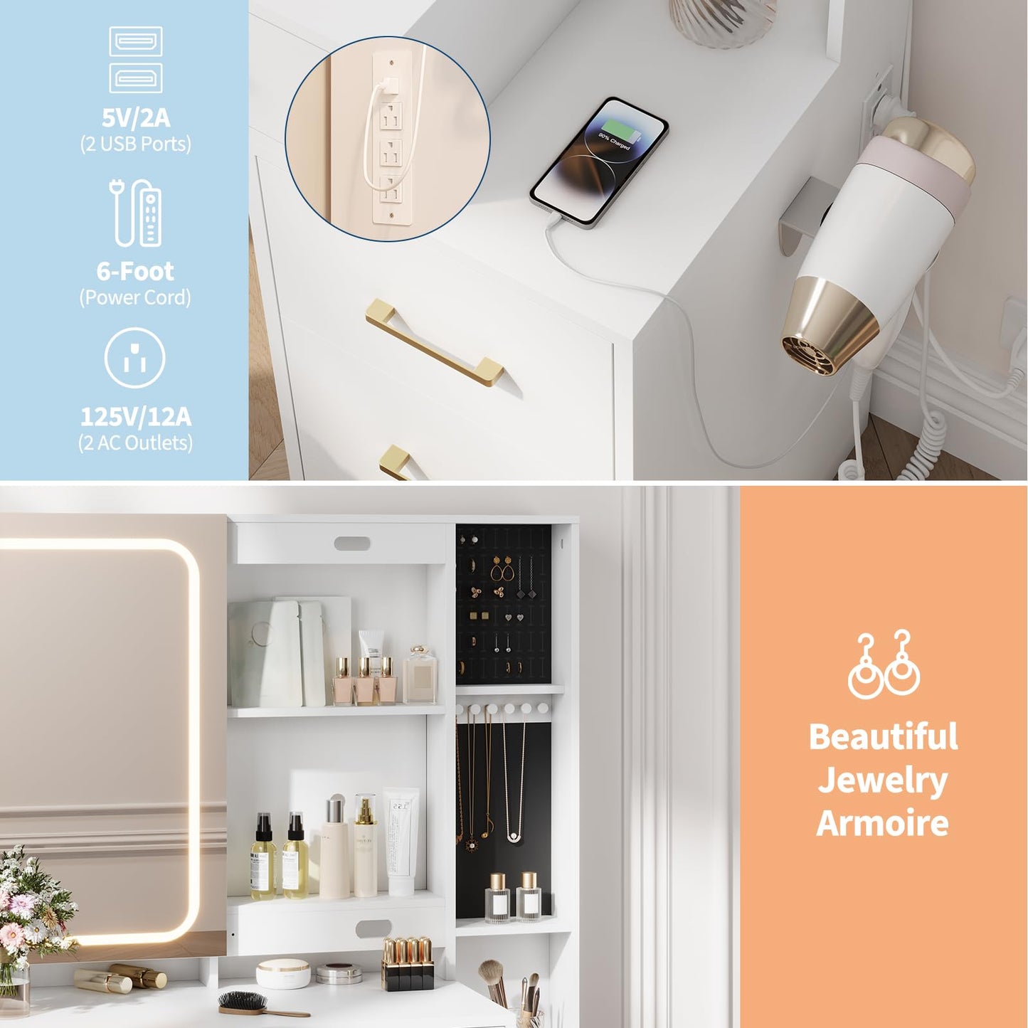 GarveeHome Makeup Vanity Set with Mirror and Lights, Vanity Desk with 5 Drawers, Stool & Power Outlet, 3-Color Lighting Modes with Adjustable Brightness for Bedroom Dressing Table, White