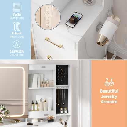 GarveeHome Makeup Vanity Set with Mirror and Lights, Vanity Desk with 5 Drawers, Stool & Power Outlet, 3-Color Lighting Modes with Adjustable Brightness for Bedroom Dressing Table, White