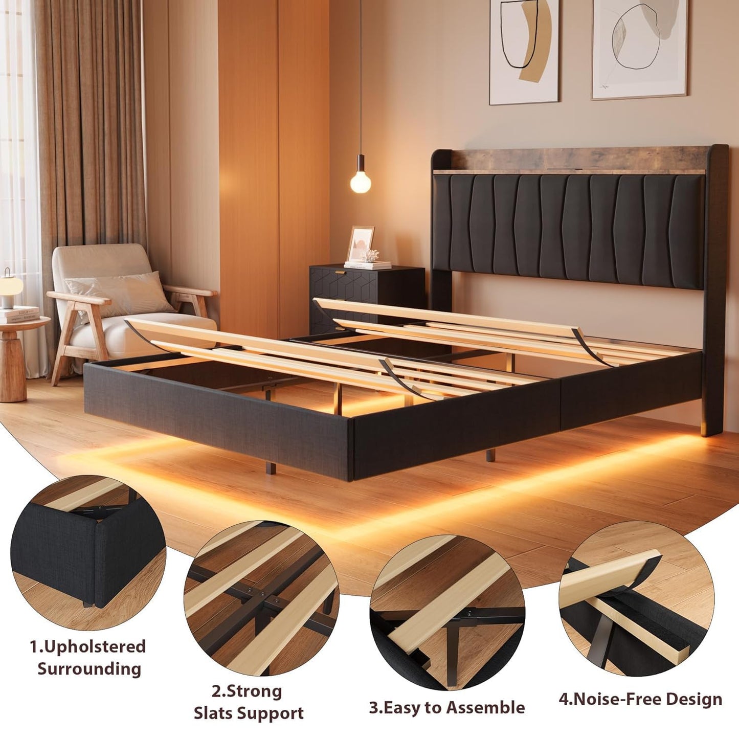 COZONY Modern Floating King Bed Frame with LED Lights, USB Charging Station, Upholstered Storage Headboard, Sturdy Wood Slats, No Box Spring Needed, Easy Assembly, Noise-Free, King-Black