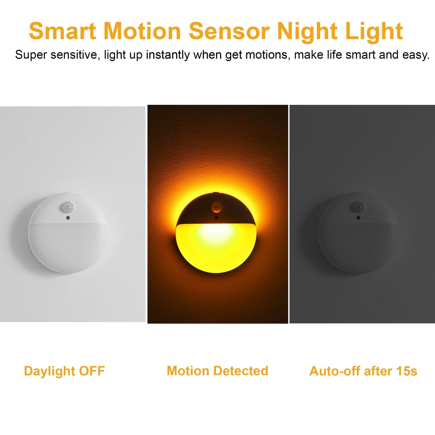 YUNLEX 2 Pack Motion Sensor Night Light, 2 Light Sources, 3 Light Modes, Night Light for Stairs, Bathroom, Bedroom, Hallway, Kitchen, Amber