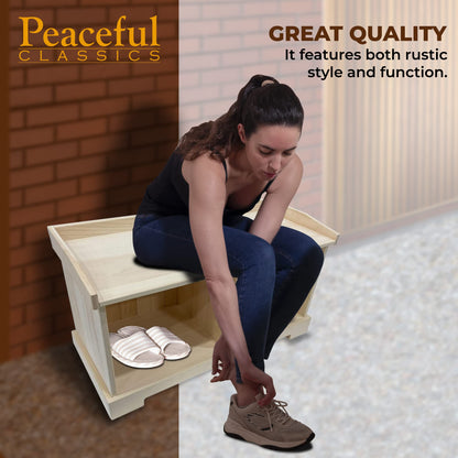 Peaceful Classics Rustic Pine Wooden Entryway Storage Bench, 36" W x 16.5" D x 20.5" H, Unfinished