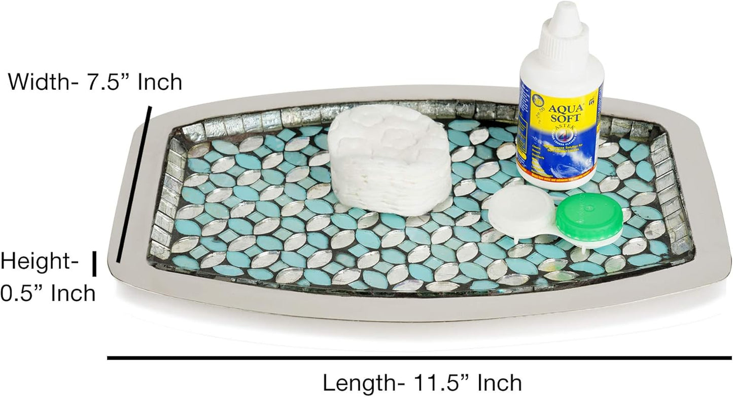 nu steel Sea Foam Amenity Tray, Aqua Blue/Silver Glass Mosaic, Stainless Steel for Bathrooms & Vanity Spaces