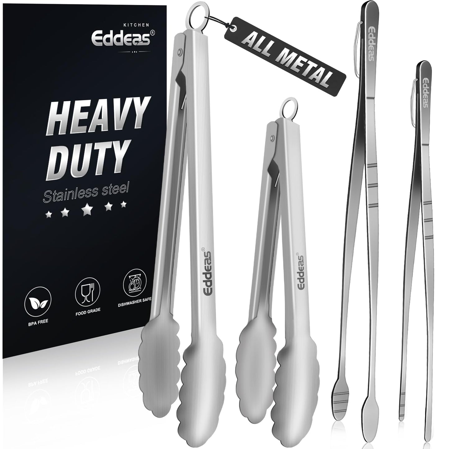 Eddeas Tongs For Cooking - Heat Resistant 600 Degrees, All Metal Kitchen Tweezers Tongs, Heavy Duty Stainless Steel Cooking for Food, Grill, BBQ, Dishwasher safe Set of 4 (12" & 9in)
