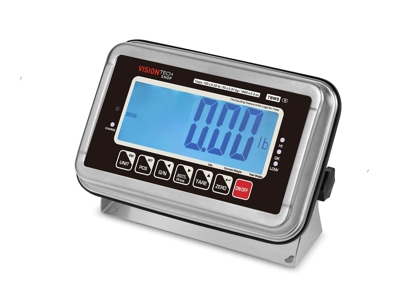 VisionTechShop TBWS-100 Washdown Stainless Steel Bench Scale, Lb/Kg/Oz Switchable, 100lb Capacity, 0.02lb Readability, NTEP Legal for Trade