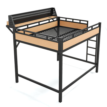 Bellemave Queen Size Loft Bed with Ladder and Storage Shelves and Storage Shelves and Pegboard, Metal Loft Bed Frame with USB Ports and LED Lights for Adults, Kids, Teens, Black