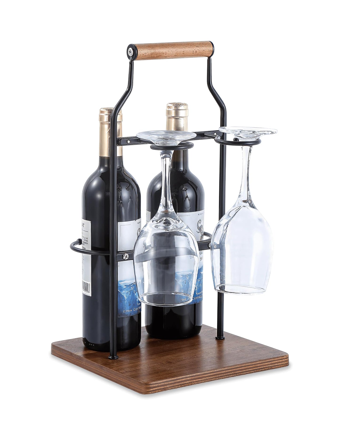 Ouseen Countertop Wine Rack and Glass Holder | Portable Wine Caddy Holds 2 Bottles & 2 Glasses | Small Wine Rack with Wood Base, Perfect for Tabletop Wine Storage & Home Bar Decor (Black)