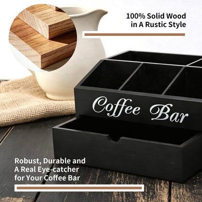Eastsign Coffee Bar Organizer for Countertop, 2-Tier Wooden Coffee Station Accessories Holder with Dust-Proof Drawer, 5 Storage Compartments for Syrups, Pods, Tea Bags and Cups, Black