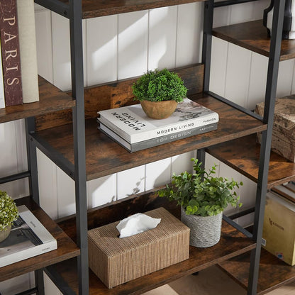 SKYXIU Triple Wide 5 Tier Bookshelf,Rustic Industrial Style Bookcases and Bookshelves with 14 Open Display Shelves,Large Open Bookshelves for Home&Office, Rustic Brown