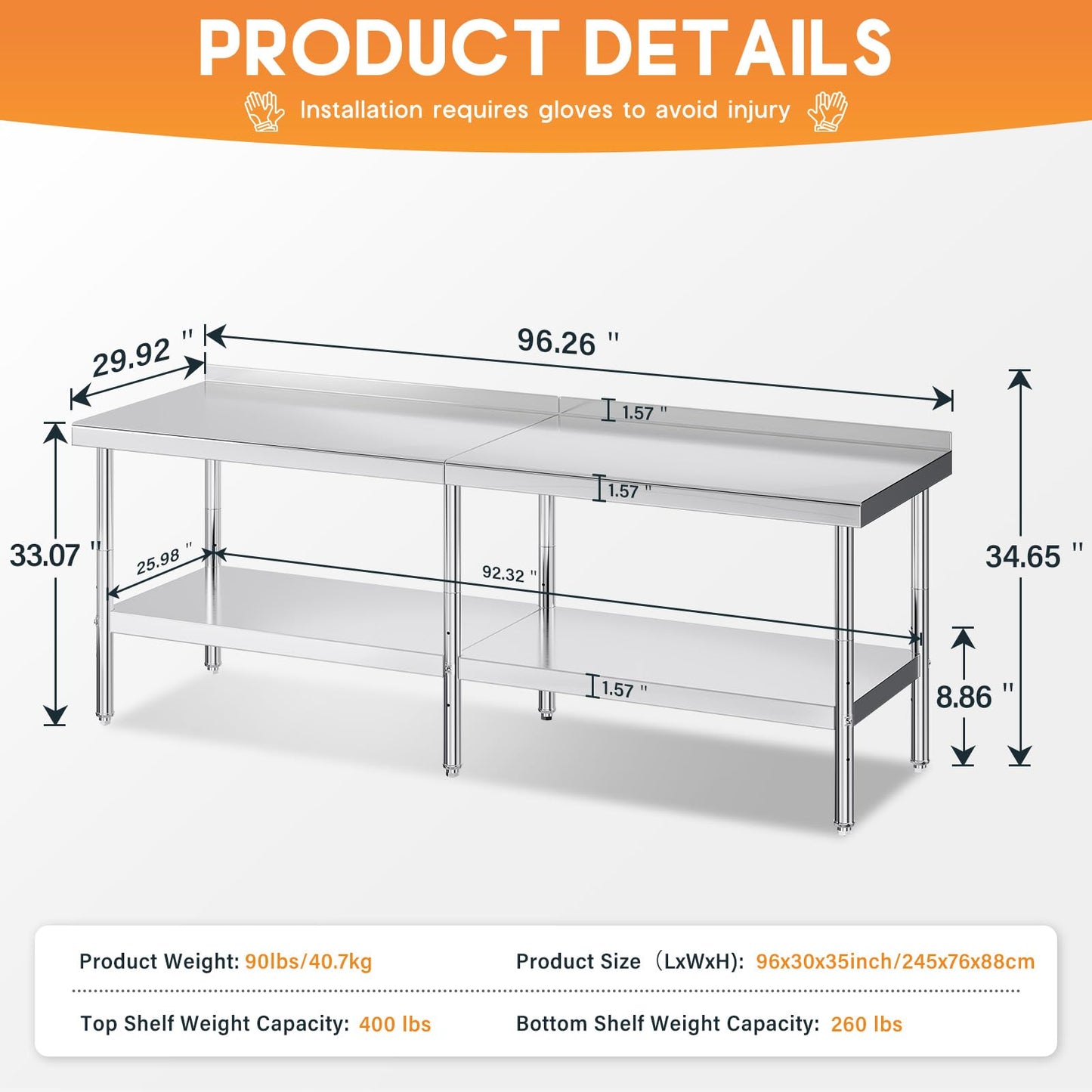 Jocisland 30" x 96" Stainless Steel Table for Prep & Work, Food-Grade Stainless Steel with Backsplash, Adjustable Under Shelf & Safe Design for Restaurant, Home and Outdoor