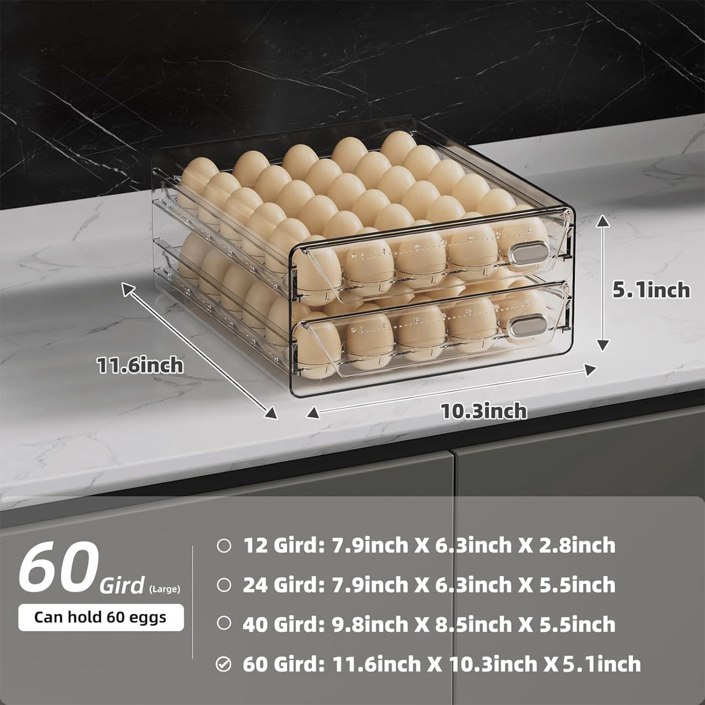 HIYOHIYO Clear 60 Egg Holder for Fridge, High Capacity Egg Container for Refrigerator, Stackable Egg Storage Trays for Countertop, Eggs Organizer for Refrigerator (2 Layer, 11.6"x 10.2"x 5.1")