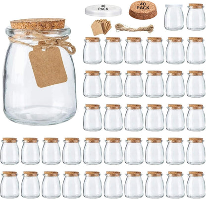 Brajttt 40 Pack, 7 oz Glass Mini Yogurt Jars Favor Jars With Cork Lids, Pudding Containers, Mason Wedding Favors Honey