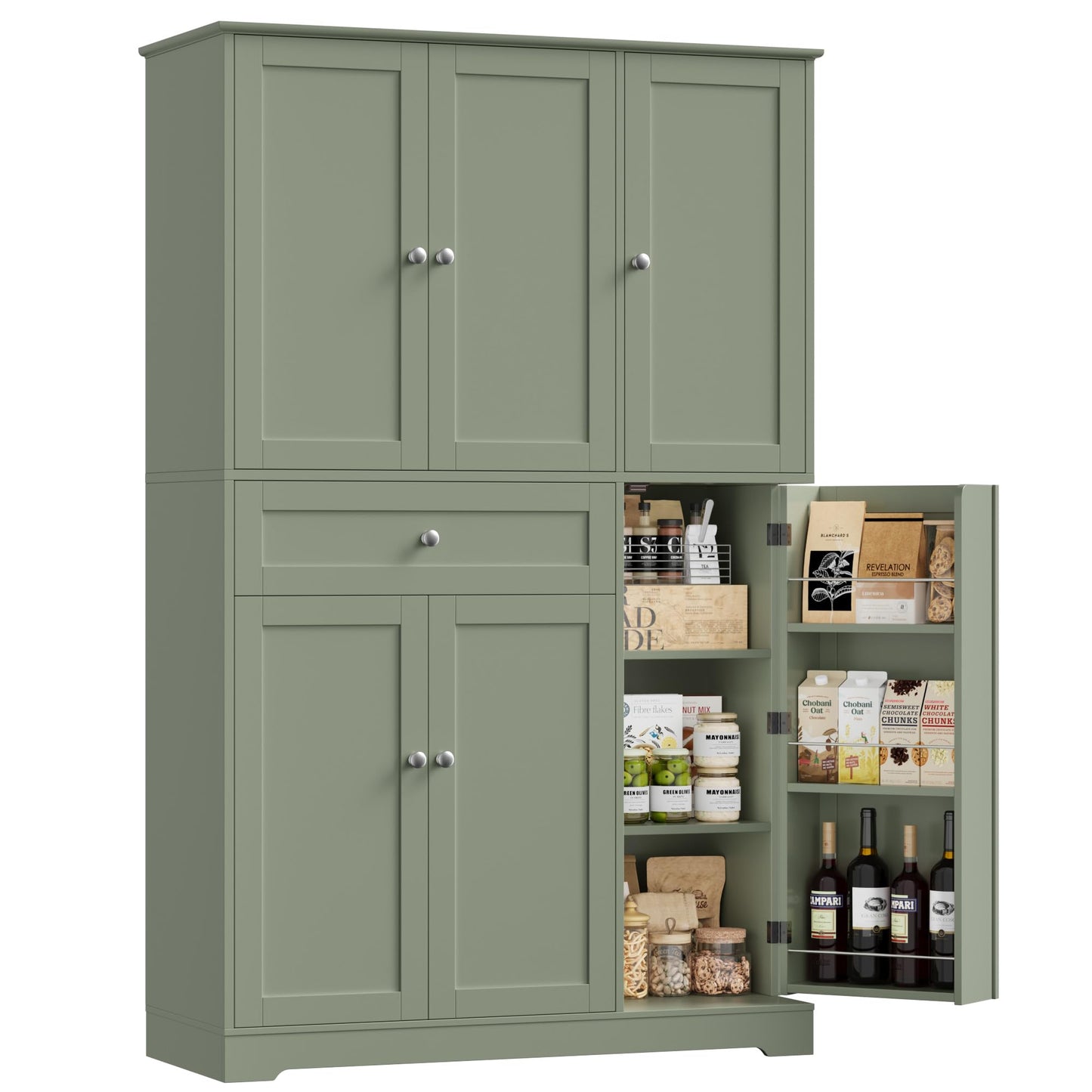 HOSTACK 68" Tall Kitchen Pantry Storage Cabinet, Modern Kitchen Hutch Cabinet with Doors and Shelves, Freestanding Food Pantry with Large Storage Drawer for Dining Room, Living Room, Green