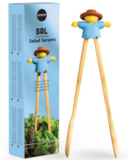 NEW - OTOTO Sal Scarecrow Salad Tongs (2-Piece) - Wooden Tongs Set, Food Safe Toaster Tongs for Serving, Cute Kitchen Tongs, Cool Kitchen Gadgets Accessories, Funny Gifts, Mini Tongs (Blue)
