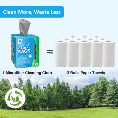 GLIMGLINT Microfiber Cleaning Cloth, 100 Pack Cleaning Rags, Lint-Free, Ultra Absorbent Reusable Paper Towels for Home, Kitchen, Car, Garage or Shop, Microfiber Rags, 11" x 9", Grey