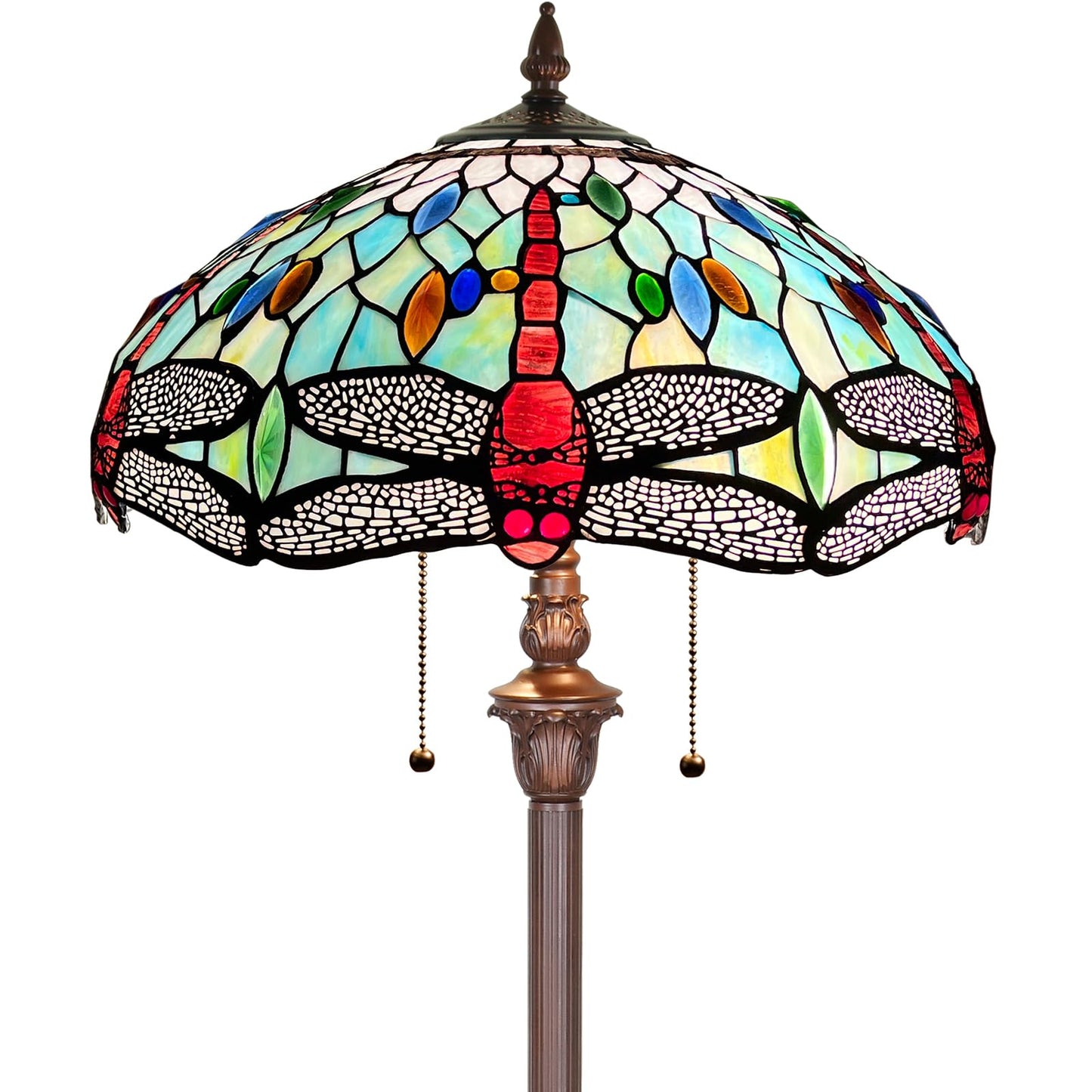 Capulina Tiffany Lamp Stained Glass Floor Lamp 2-Light 63 Inches Tall Industrial Dark Bronze Pole Fine Sky Dragonfly Tiffany Style Standing Floor Lamp for Living Room Bedroom Home Office
