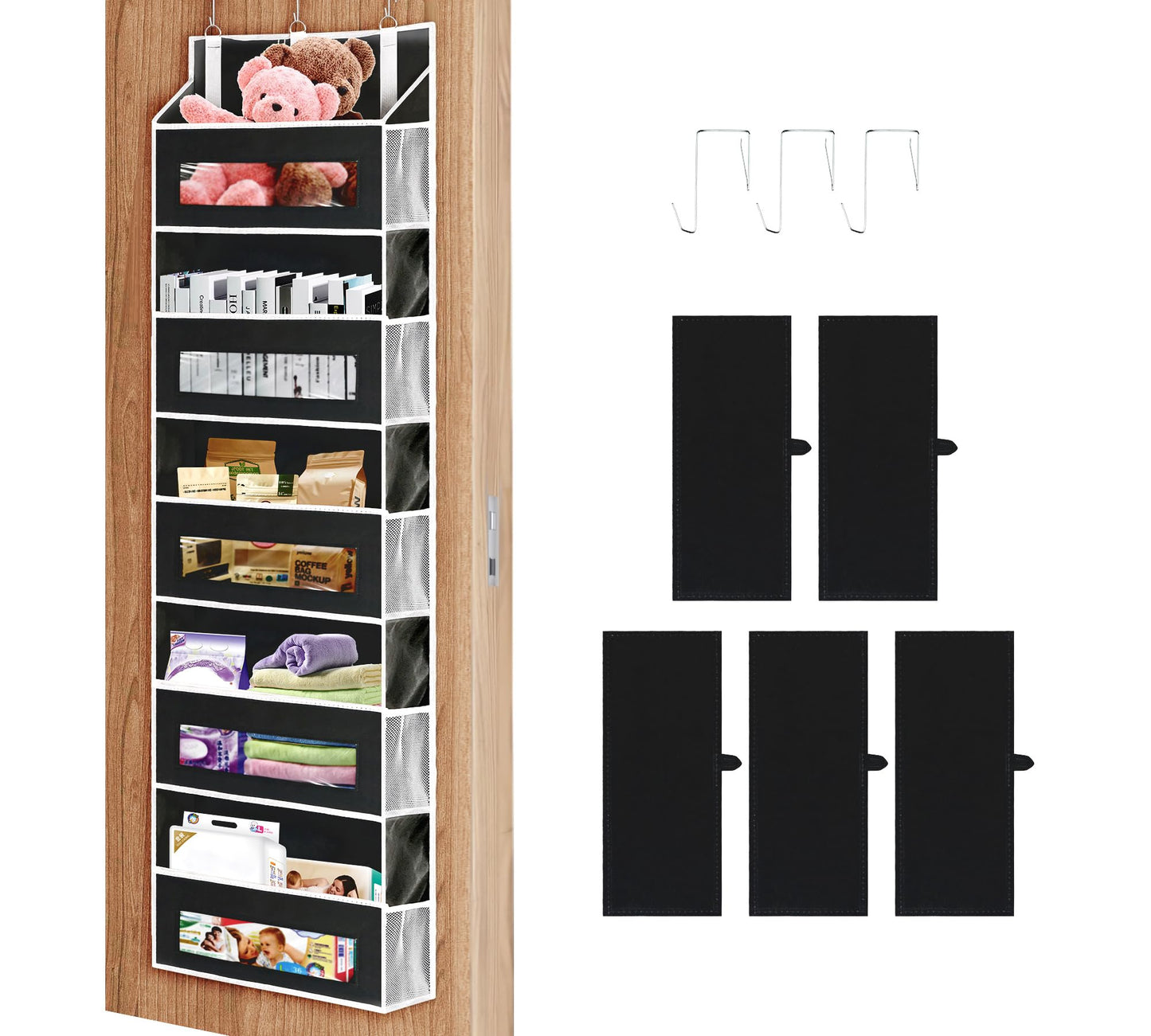 2 Packs 5-Tier Over The Door Organizer with 10 Side Mesh Pockets, 48 lbs Load Capacity, 3 Hooks Design, Hanging Organizer with Clear Windows for Bathroom, Bedroom, Nursery, Kitchen-Grey