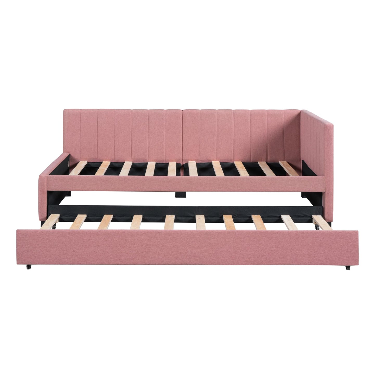 Acosure Twin Size Upholstered Linen Daybed with Twin-Size Trundle,Sofa Bed Frame W/Slat Support and Back & Armrest,No Box Spring Needed,for Apartment,Bedroom,Guest Room,Pink