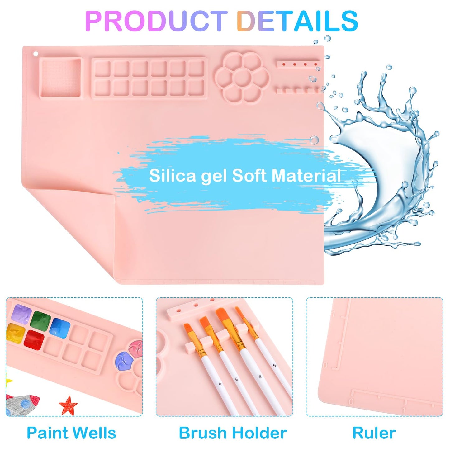 Mikiwon Painting Station, Paint Brush Cleaner and Silicone Art Mat 20"X16" with 10 Paint Brushes, Paint Brush Rinser, Art Supplies Set (Pink)