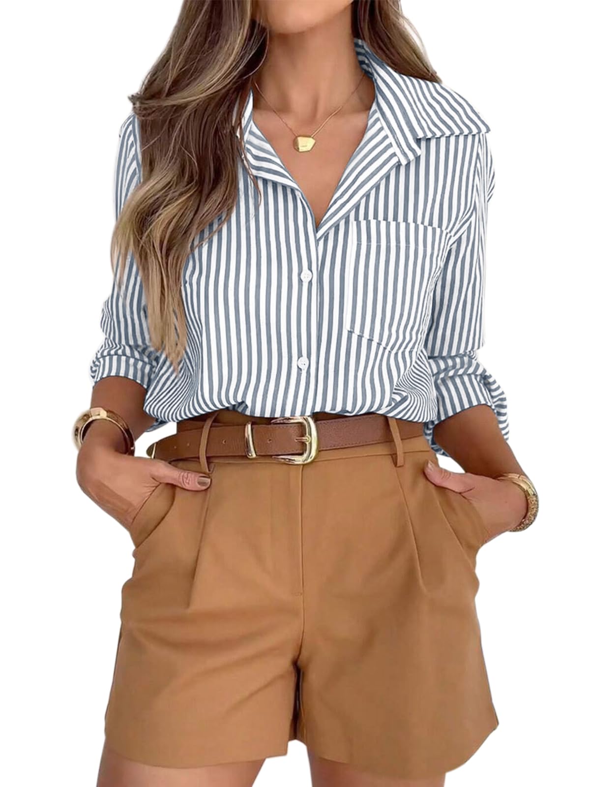 siliteelon Striped Button Down Shirts for Women Dress Shirts Long Sleeve Casual Collared Office Work Shirt with Pocket