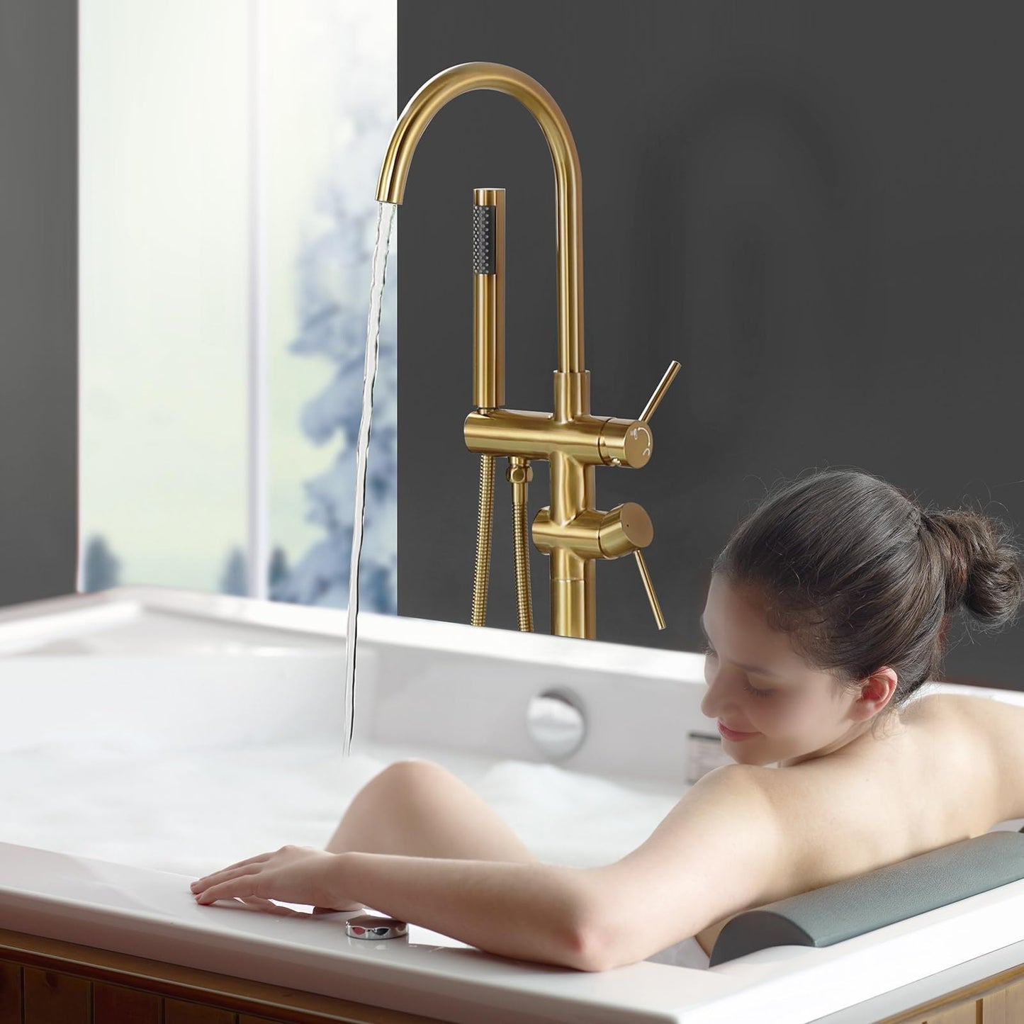 Freestanding Tub Filler Faucet, Floor Mount Brushed Gold Bathtub Faucet with Single Handheld Shower, Brass Shower Tub Faucet Set Complete, Bathtub Faucet with Shower