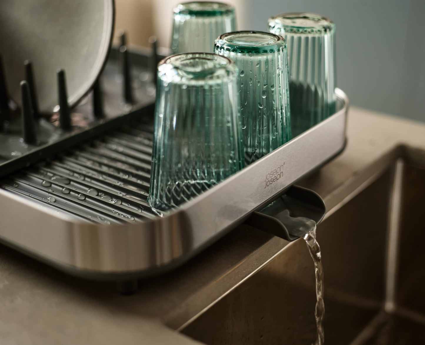 Joseph Joseph Expanding Dish Drying Rack with Removable Silverware Holder, Draining Spout, Stainless-Steel