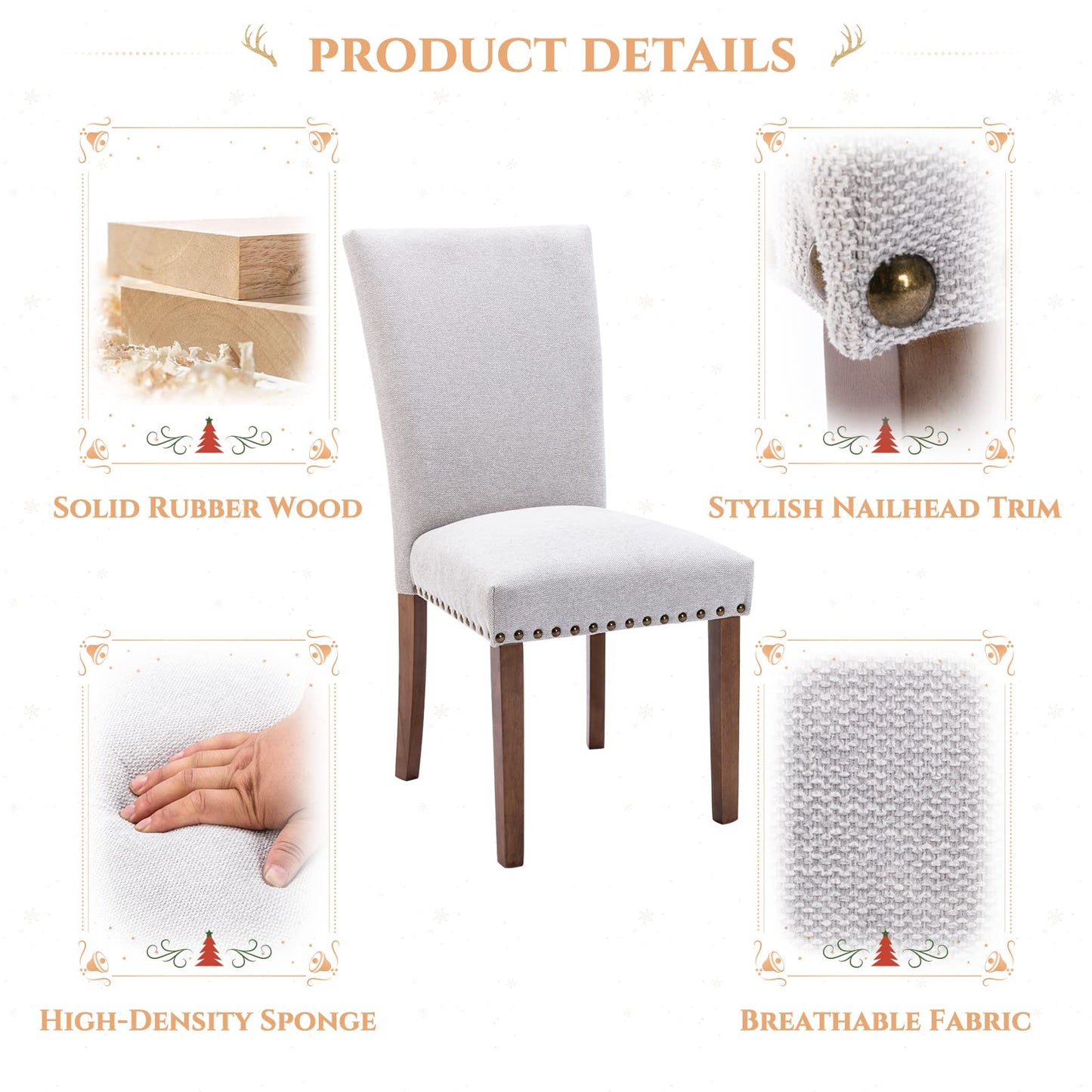 Parsons Dining Chairs Set of 4, Upholstered Nailhead Dining Room Kitchen Side Chair with Thick Cushions and Wood Legs, Light Grey