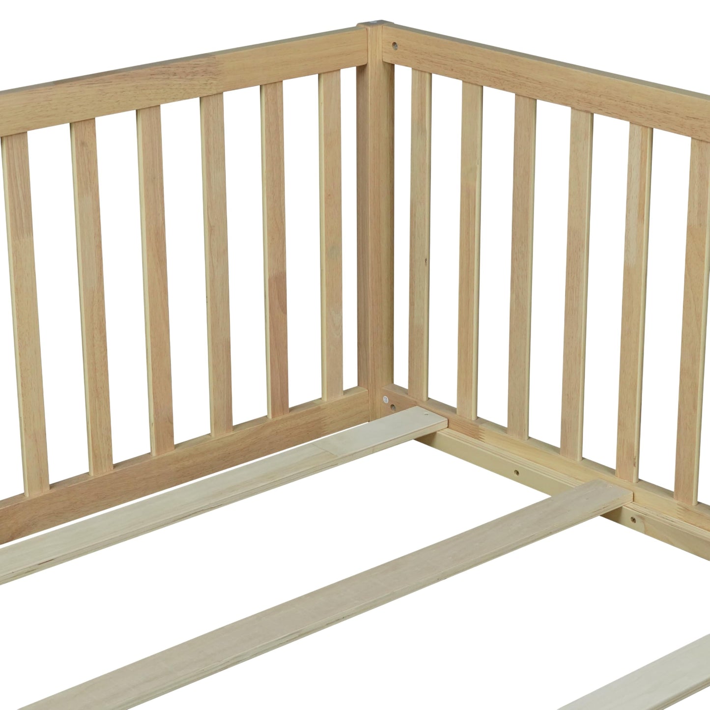 KEIKI Montessori Full Floor Bed with 21.5" High Fence, Revolving Door & 6 Slats, Rubber Wood Floor Bed Frame for Kids, Easy Assembly, Natural