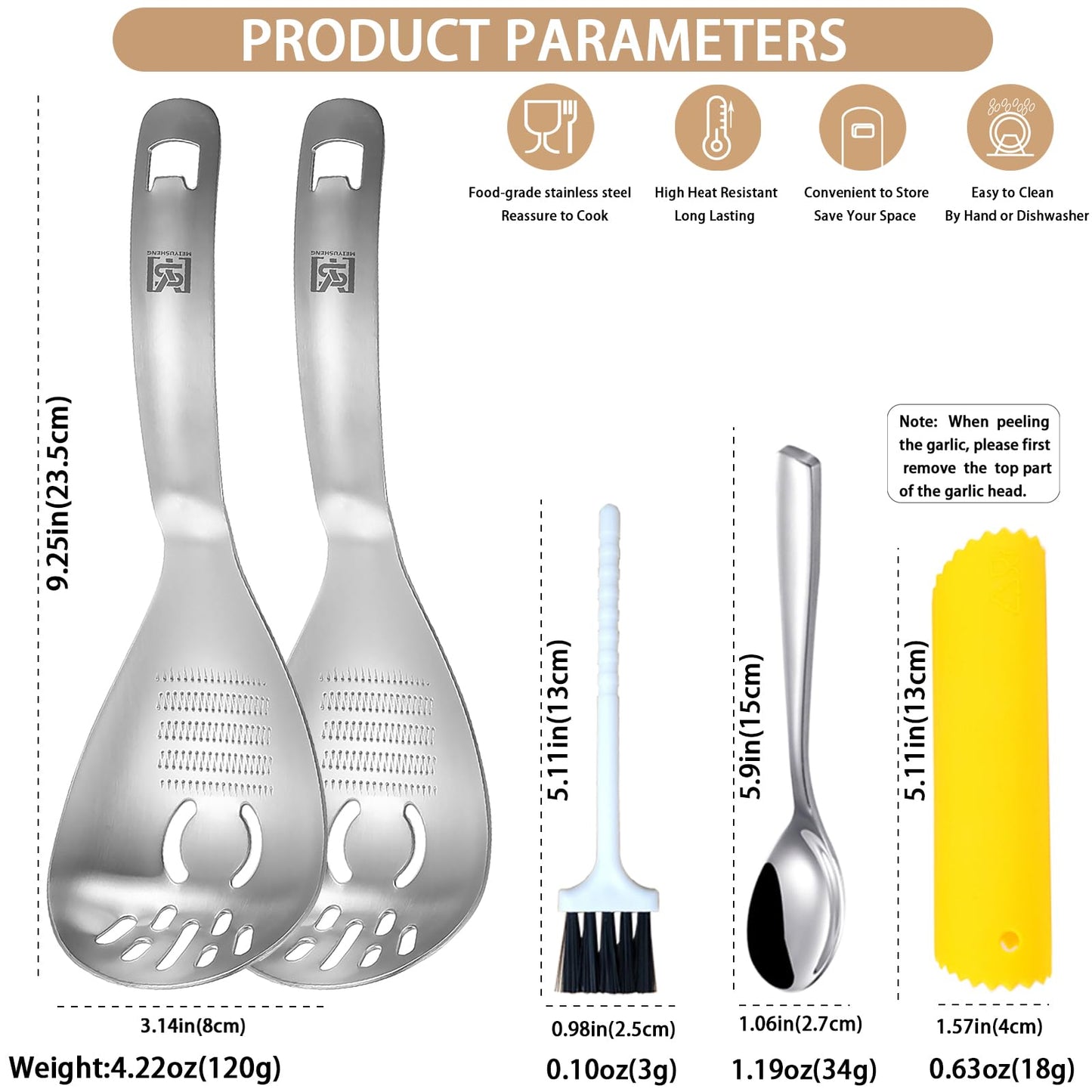 2PC Multi-Function Cooking Spoon with Potato Masher, Egg Yolk Separator, Grater Plate, Bottle Opener & Slotted Spoon - 304 Stainless Steel, MEIYUSHENG