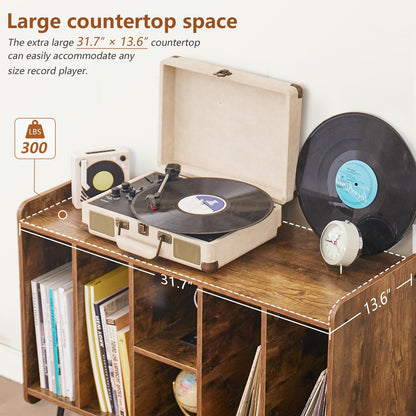BMWEI Record Player Stand with Display Area, Wooden Turntable with Storage, Holds Up to 300 Albums (Brown)
