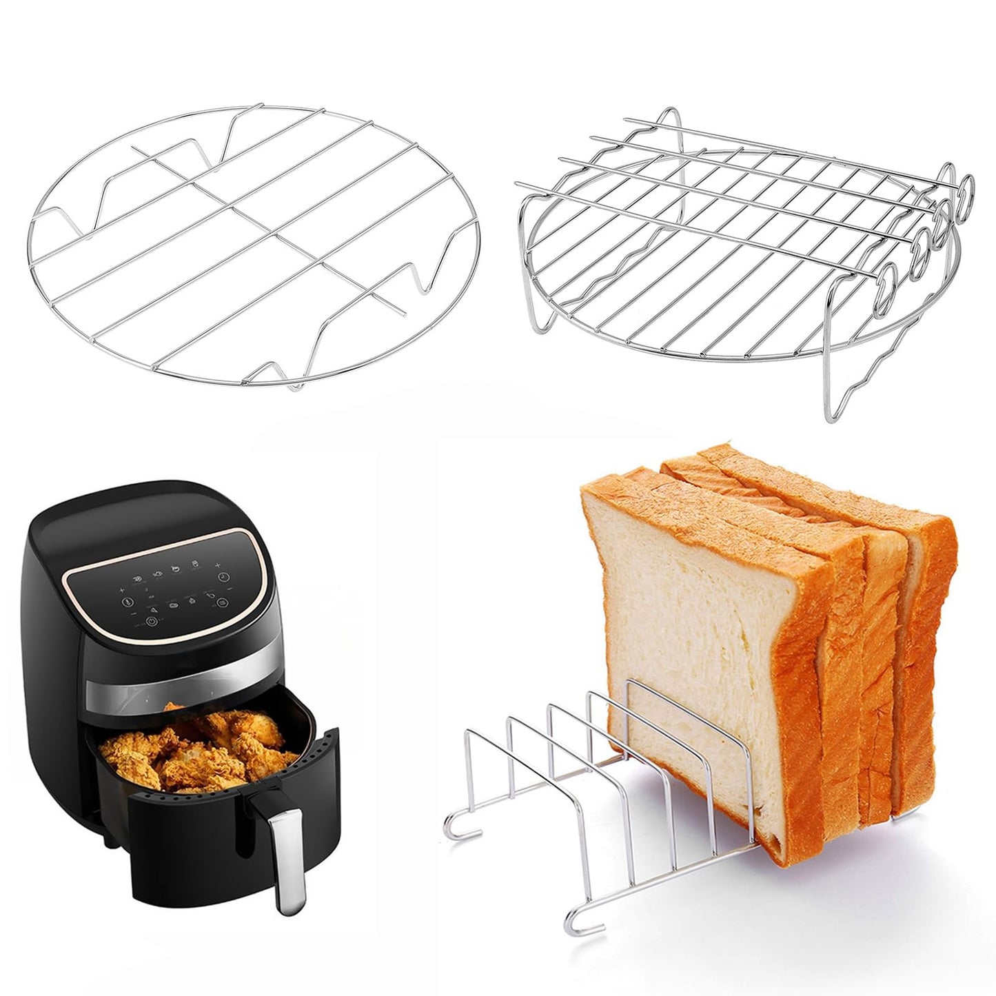 Air Fryer Racks Set 3PC, 6 inch Stainless Steel Layer Racks Air Fryer Accessories, Kitchen Multipurpose Double Layer Racks with Skewer Round Cooking Rack Toast Rack,Fits Most 2.5QT or Above Air Fryer