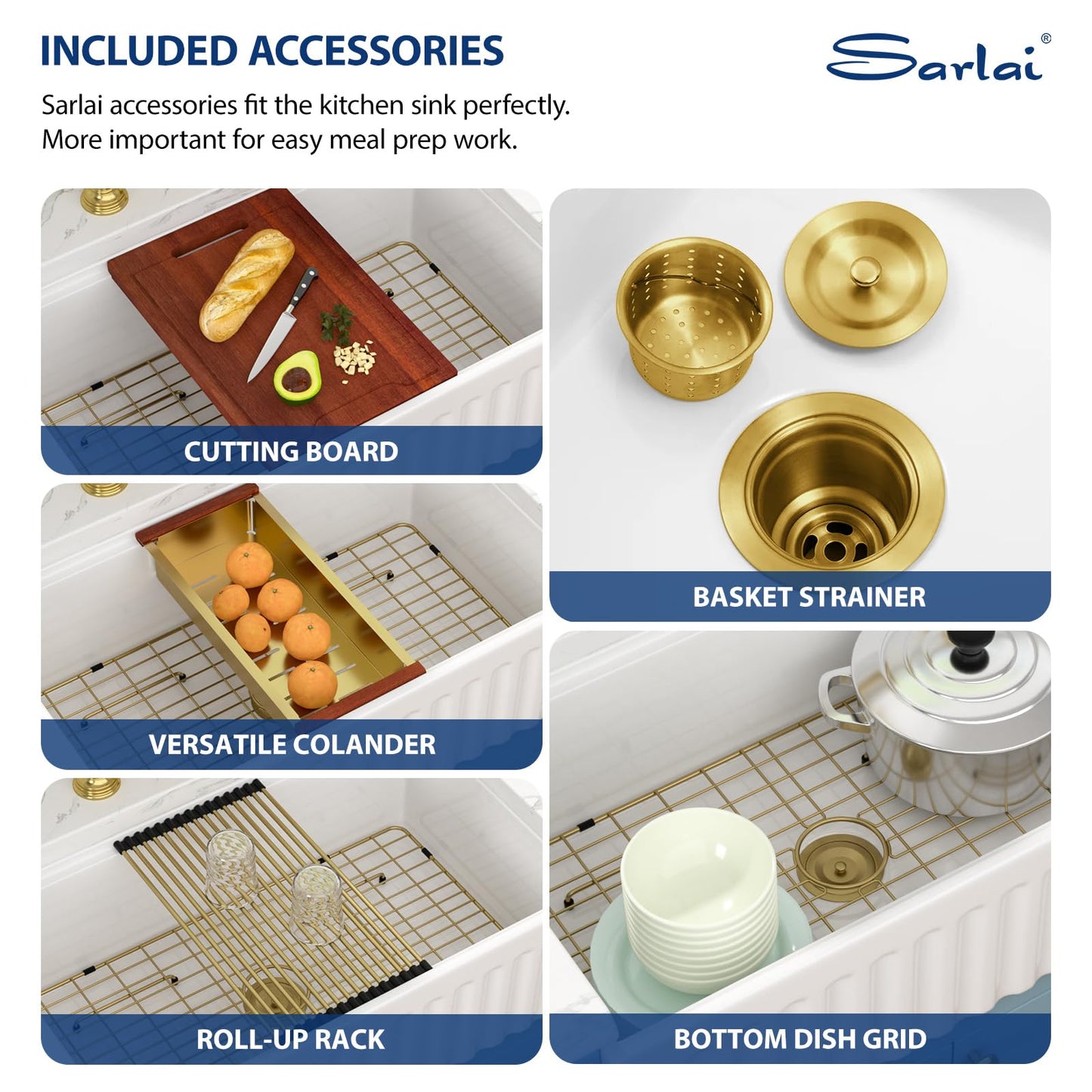 Sarlai White Farmhouse Sink - 33 Inch Farm Kitchen Sink Undermount Workstation Apron Front Reversible Ceramic Fireclay Single Bowl Farmer Sinks Basin 33 x 20 Inch With Gold Accessories