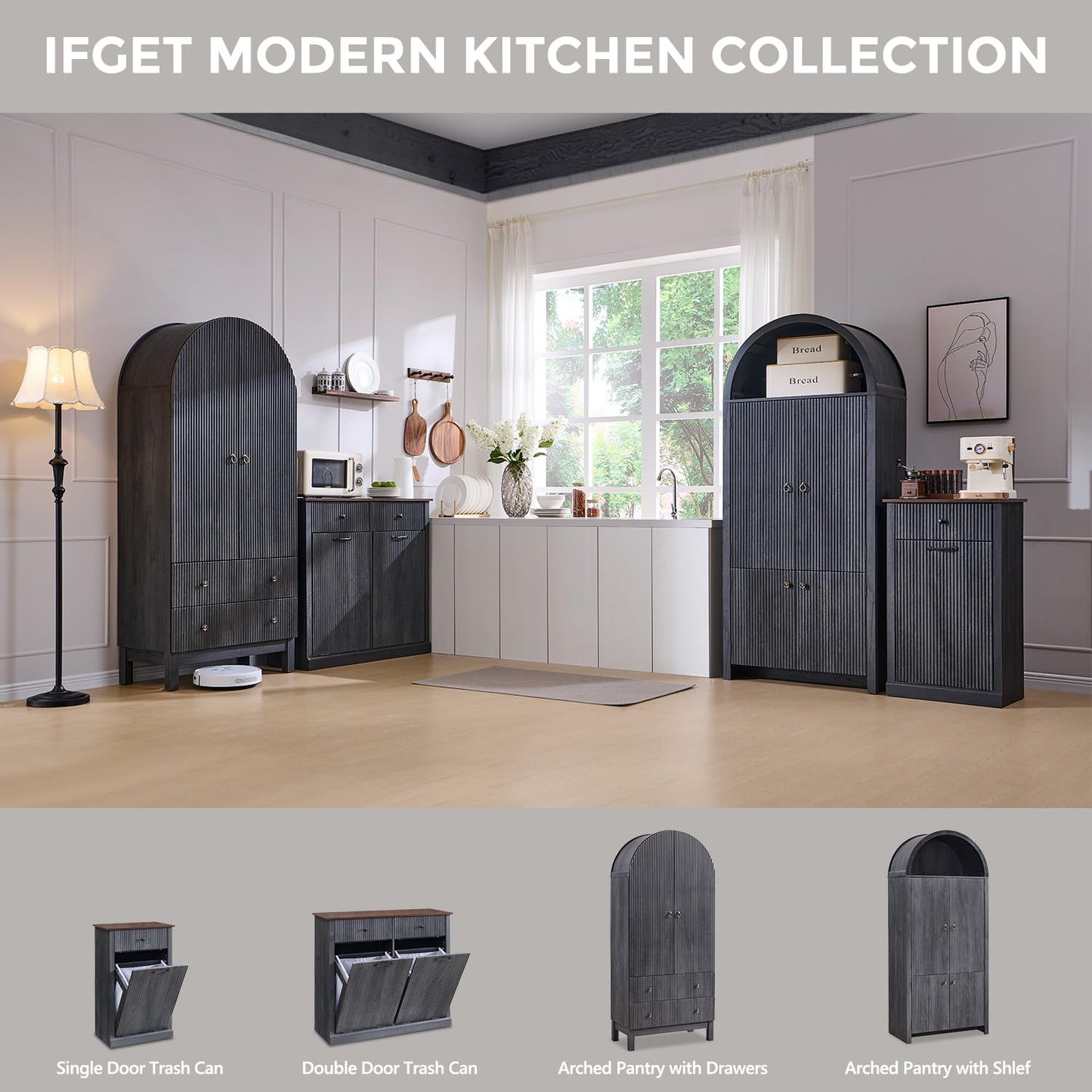 IFGET Triple Tilt Out Trash Can Cabinet, Modern Fluted Laundry Hamper Cabinet with 3 Drawers, 20 Gallon Hidden Wooden Garbage Can Cabinet w/Storage Basket & Adjustable Shelf, for Kitchen, Grey