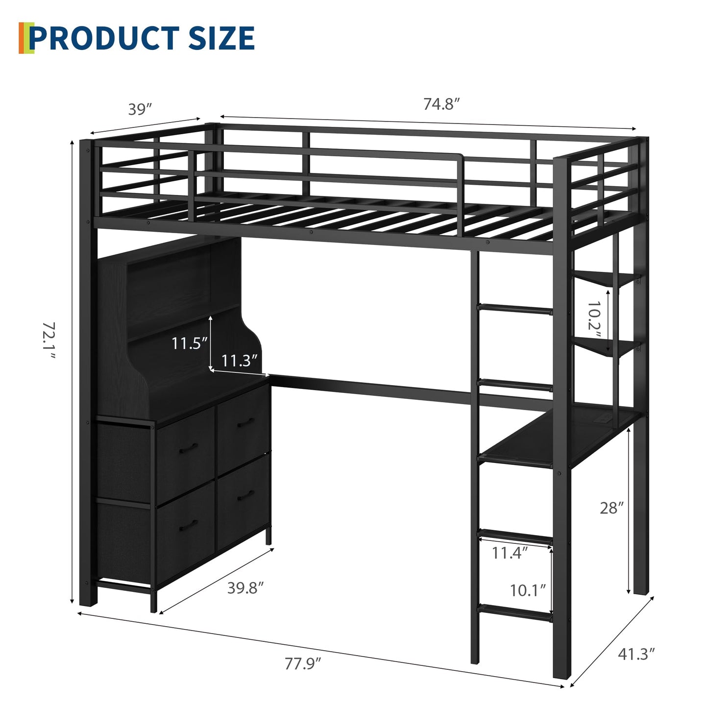 Twin Size Loft Bed with Desk, 4 Large Fabric Drawers and Open Shelves, Heavy Duty Metal Loft Bed with LED Lights, Power Outlets, Safety Guardrails & Ladder, Space Saving, No Box Spring Needed, Black