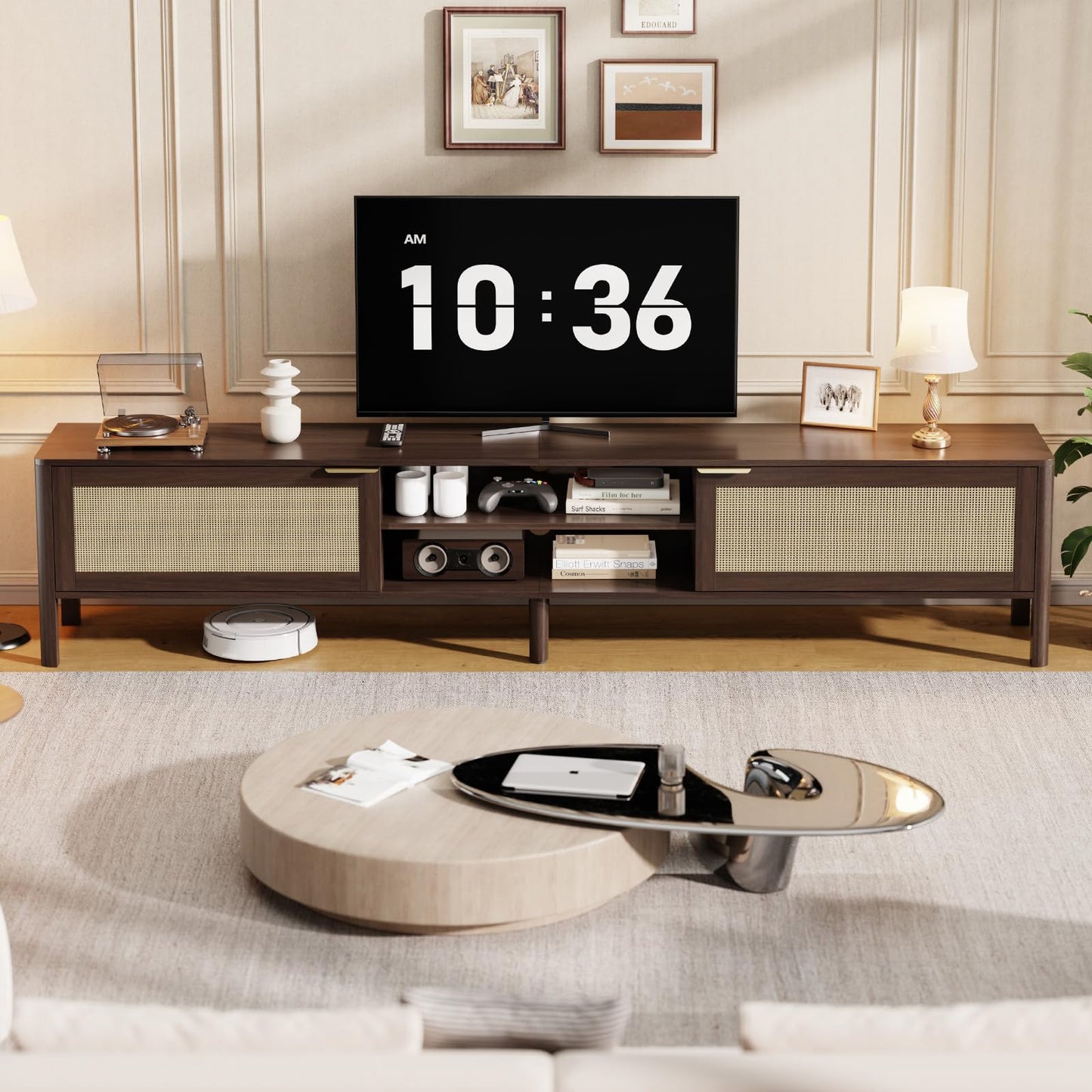 IKALIFE Rattan TV Stand for Living Room - Fits up to 85 Inch TVs, Rattan Media Console Table with Adjustable Shelves & 2 Storage Cabinets, Mid-Century Modern Entertainment Center, Walnut 80"
