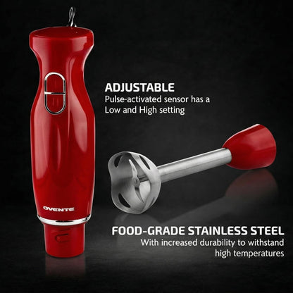 OVENTE Immersion Hand Blender, 300W Electric Handheld Stick Mixer with 2 Mixing Speeds and Stainless Steel Blades for Smoothies, Purees & Baby Food, Red HS560R