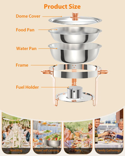 Chafing Dish for Buffet 2 Pack, 5 QT Round Chafing Dishes Buffet Set w/Lid Holder, Stainless Steel Chafers and Food Warmers with Spoon and Tweezers for Parties, Weddings, Events, Banquet, Rose Gold