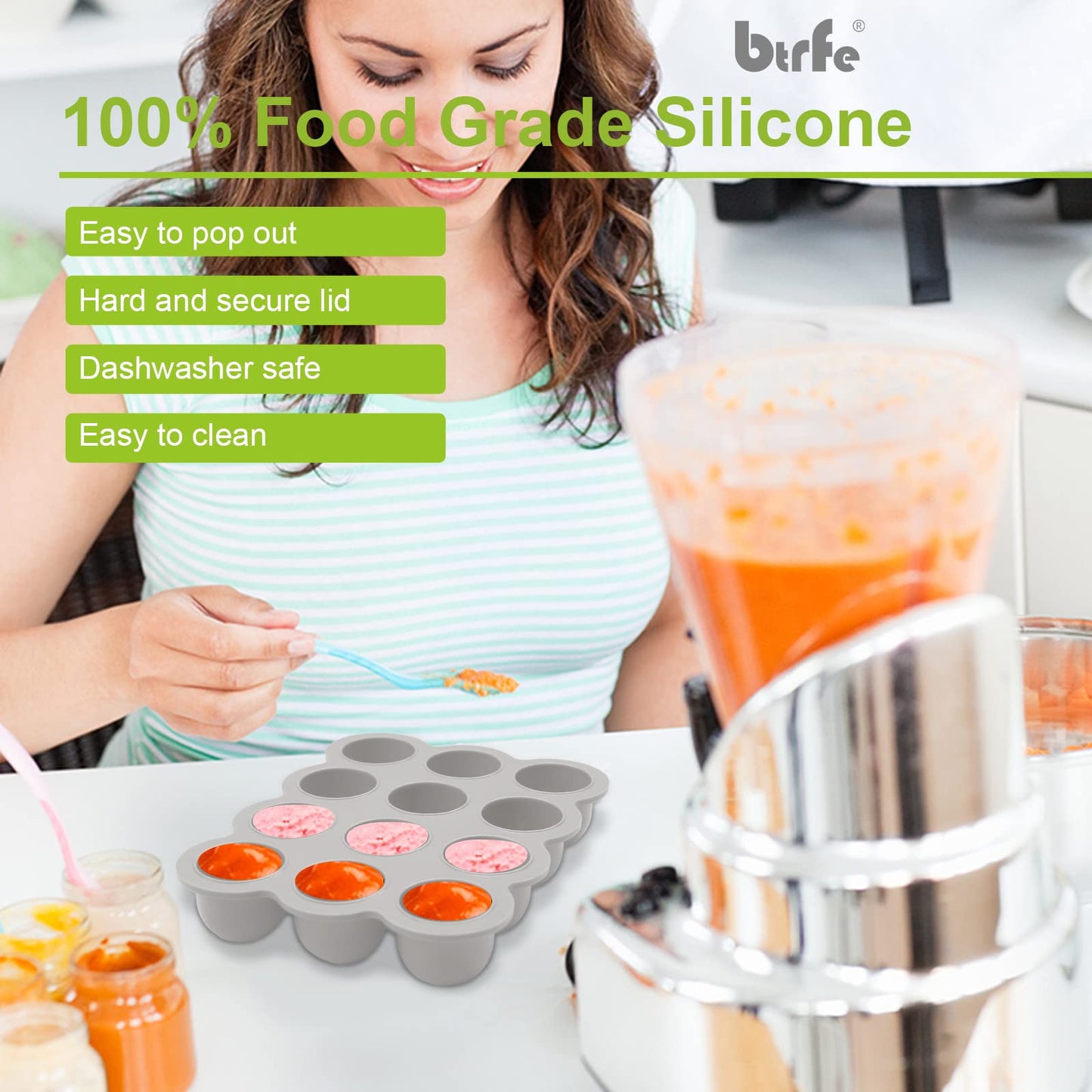 btrfe Baby Food Storage Container - 1.5oz x 12 Pods Silicone Freezer Tray with Lid for Homemade Baby Food, Fruit Purees, Vegetable & Breast Milk (Grey)