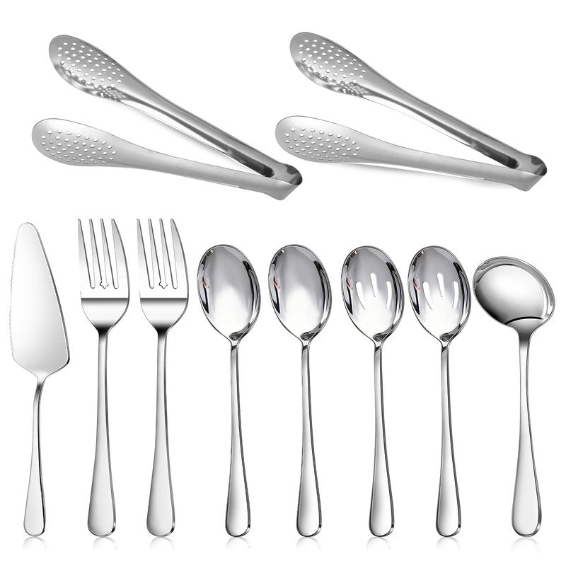 Dualshine 10PCS 18/8 Stainless Steel Serving Utensils Set for Parties, Kitchen Serving Tools-Include Serving Spoons, Slotted Spoons, Serving Forks Tongs Soup Ladle, Cake Pie Server for Buffet, Wedding