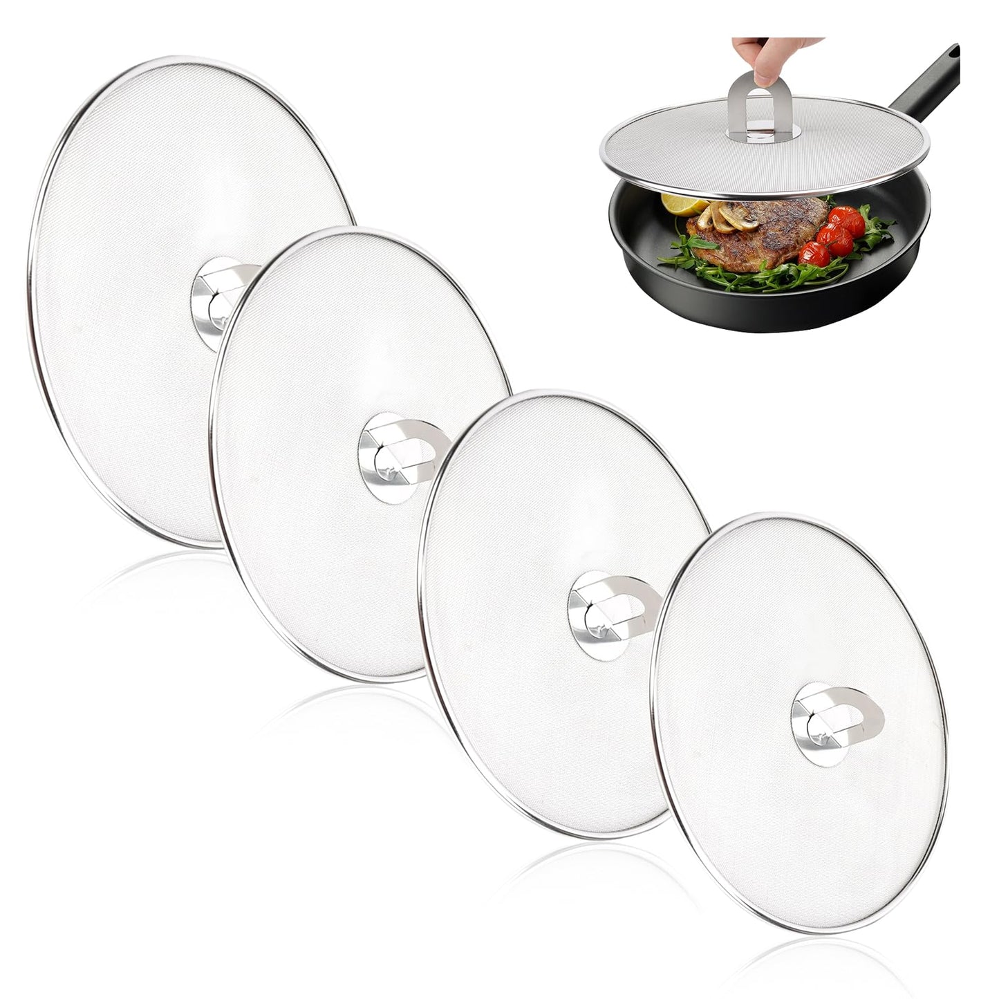 MOAMUN 4PCS Splatter Screen for Frying Pan, Stainless Steel Grease Splatter Guard, Hot Oil Splatter Screen with Foldable Knob, Ultra-Fine Mesh No Burns Keeps Kitchen Clean(8", 10", 11.5", 13")