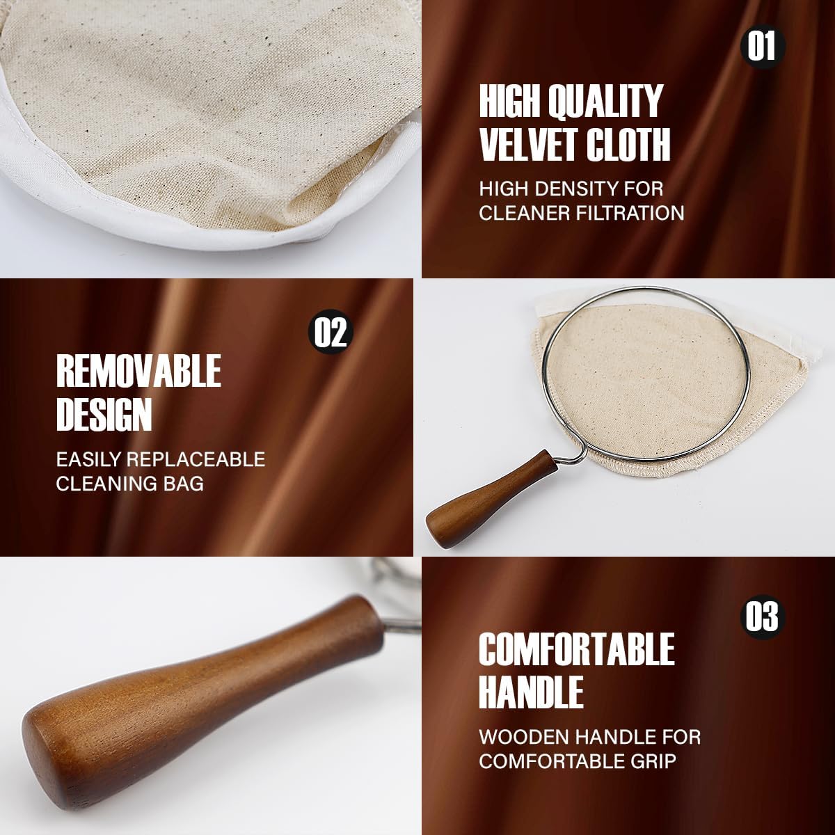 Coffee Filter, Flannel Cloth Coffee Filter with Wooden Handle, Reusable Coffee Sock Filter for Home Office Kitchen Use