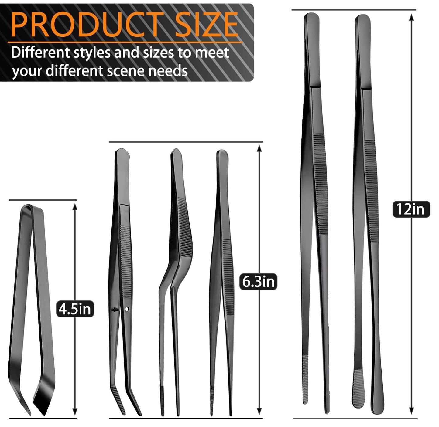 JETKONG 6 Pcs Cooking Tweezer Tongs, 12'' and 6.3" Stainless Steel Kitchen Tweezer Set, Professional Chef Tweezers for Cooking, Repairing, Sea Food, BBQ, Multi-use (Black)