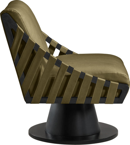 Meridian Furniture 33002Olive Millwin Collection Art Deco Swivel Accent Chair with Rich Olive Green Vegan Leather, Black Finish, Solid Wood Frame and Base, 28" W x 30" D x 32.5" H, Olive