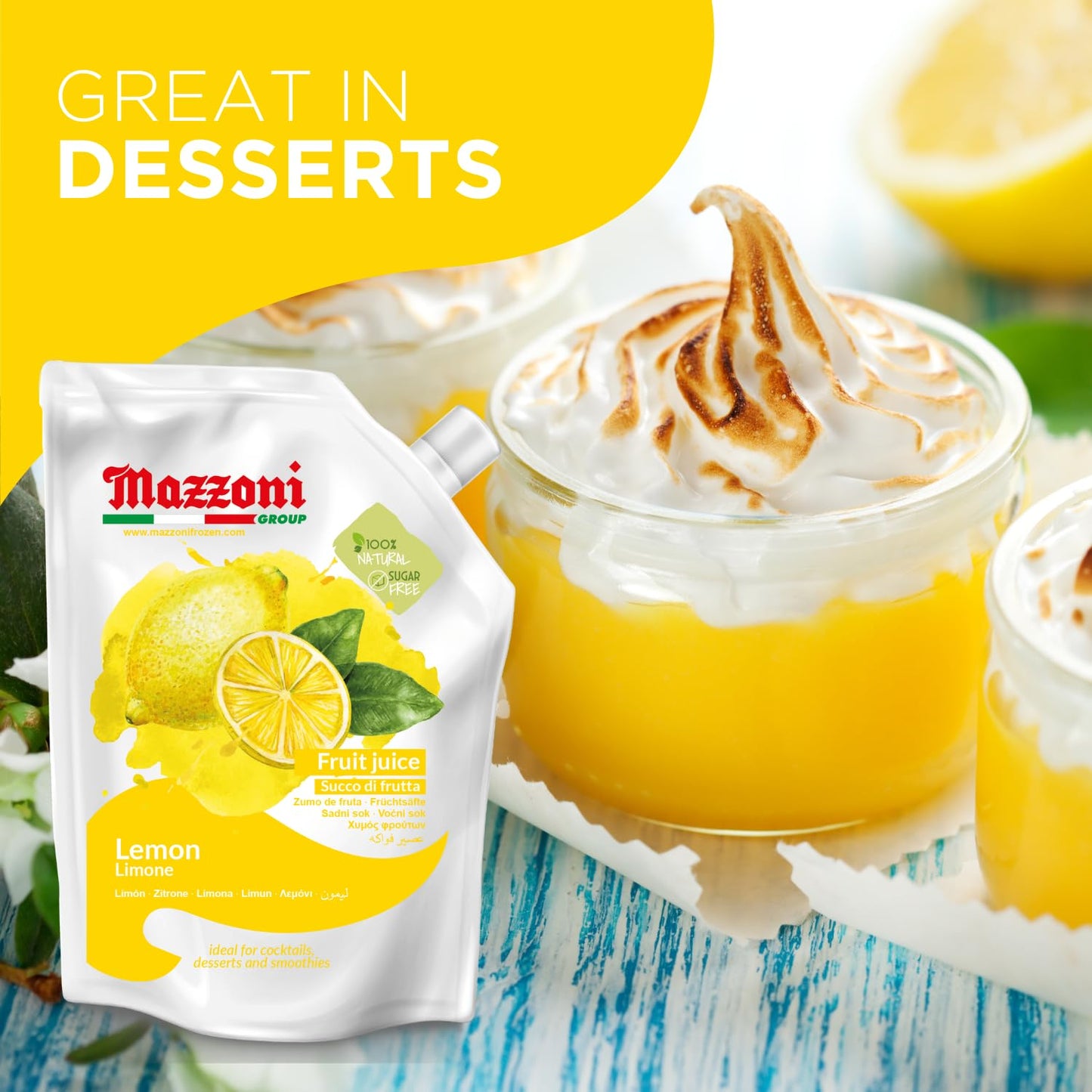 Mazzoni - Lemon Juice, 100% Pure Lemon, Just Juice, No Sugar Added, Not from Concentrate, No Added Ingredients, Mixer for Cocktails, Drinks, Smoothies – 2.2 lb Convenient Pouch, Made in Italy