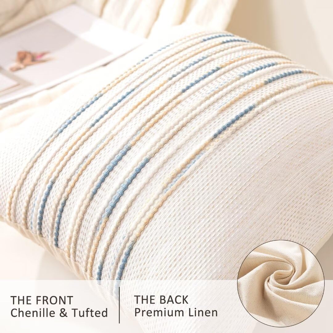 Boho Throw Pillow Covers 18x18 Set of 2 Farmhouse Decorative Cushion Case Striped Square Pillows Cover Chenille Pillow Cases Accent Neutral Pillowcase for Sofa Couch Bed,Sky Blue